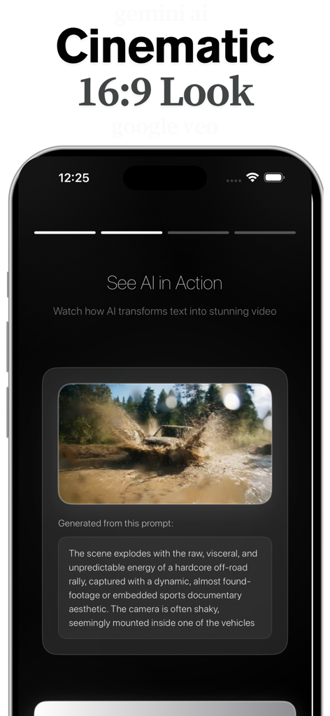AI Video Generator - Seed AI - Interfaz de la aplicación Seed AI que muestra un vídeo cinematográfico 16:9 de un camión todoterreno generado a partir de una indicación de texto.