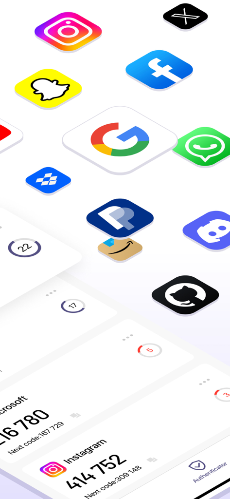 Interfaz de la aplicación de autenticación que muestra códigos de verificación 2FA para Instagram y Microsoft con iconos flotantes de redes sociales.
