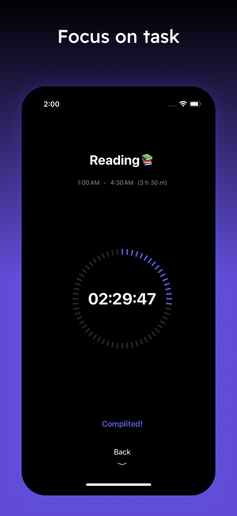 Daily Planner & Schedule App - Pantalla del temporizador de tareas de enfoque para una sesión de lectura en la aplicación Daily Planner