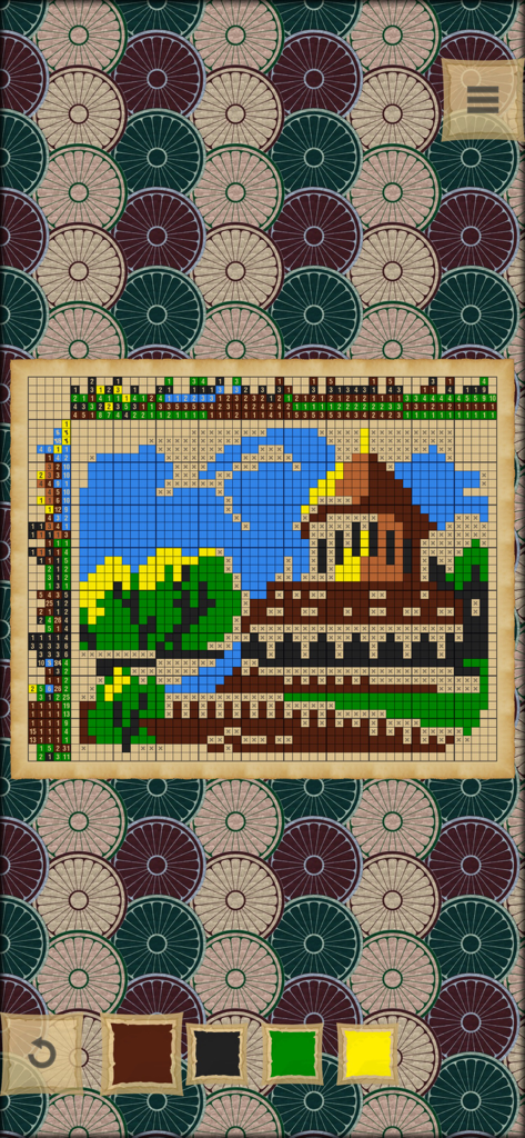 Un puzzle nonogramma colorato completato raffigurante una casa e un giardino su una griglia logica.