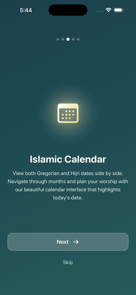 Ramadan 2026 Calendar - Pantalla de incorporación del calendario islámico que muestra fechas Hijri y gregorianas para la aplicación Ramadán 2026.