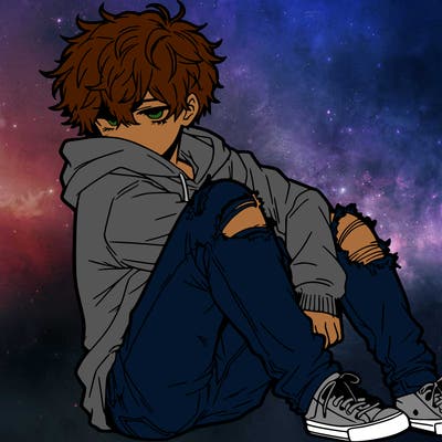 a male hoddie ripped jeans messy hair anime