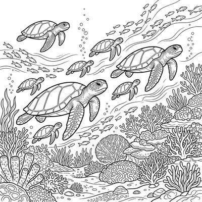 Embark on an underwater adventure with this captivating sea turtle migration coloring page. Witness the majestic journey of these incredible ocean creatures as they navigate their vibrant coral home.