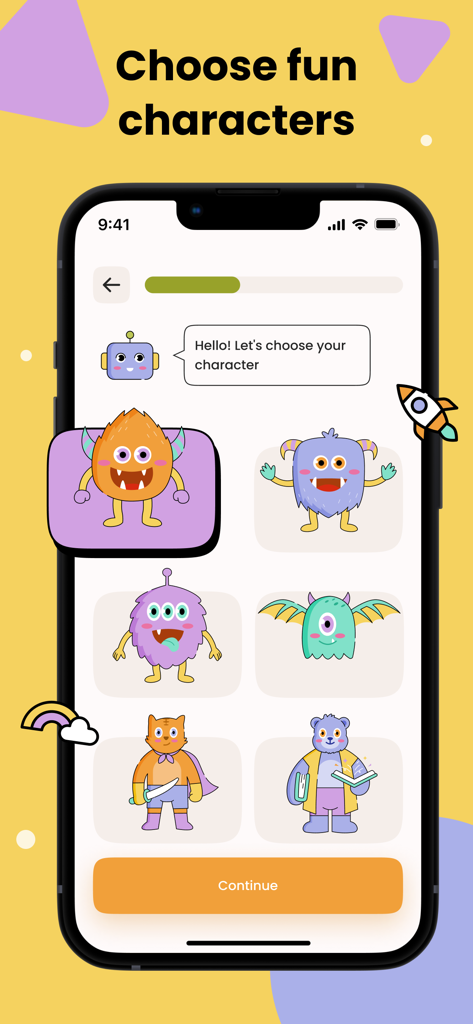 Safe AI Chat Bot for Kids・Zoe - Character selection screen in the Zoe AI app for kids showing colorful cartoon monster avatars.