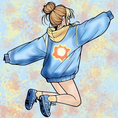 realistic girl jumping with a bun and oversized sweatshirt