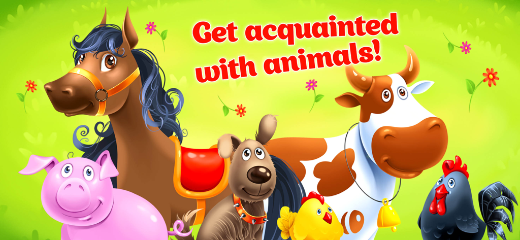 Animal Farm. Educational Games - Group of friendly cartoon farm animals including a horse cow and pig in a cheerful educational game for children