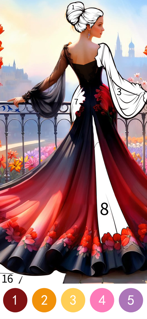 Interface de colorir por número com um elegante vestido vermelho e preto com detalhes florais e seções numeradas