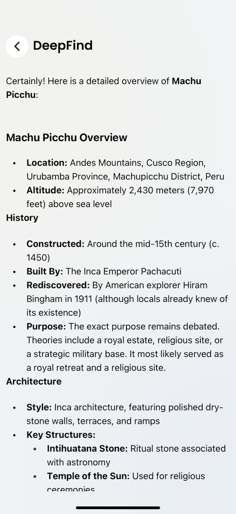 Screenshot of DeepFind AI Search Assistant showing a detailed overview of Machu Picchu including its location history and architecture