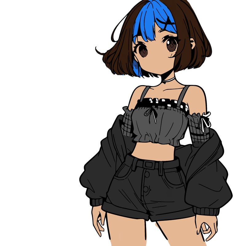 anime girl with mini shorts and a crop top and short hair