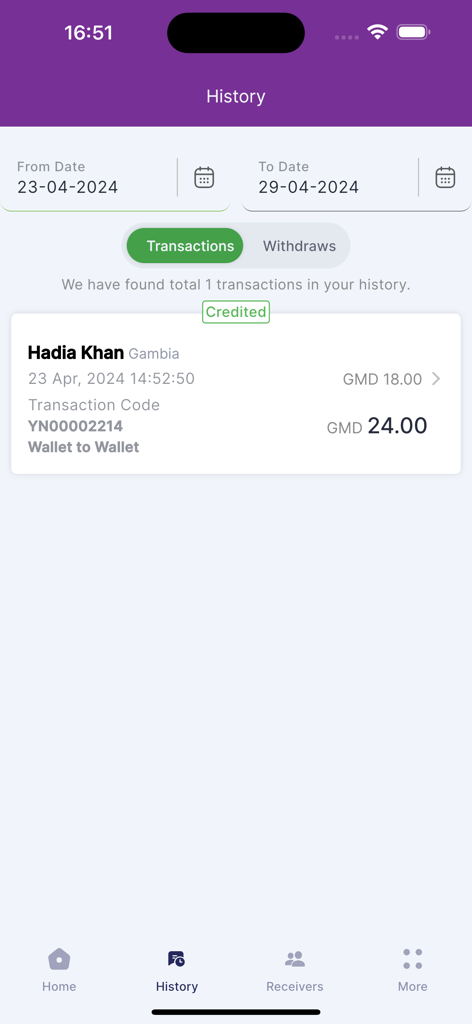 Yonna Wallet - Yonna Wallet mobile app transaction history screen showing a credited wallet to wallet transfer in Gambian Dalasi.