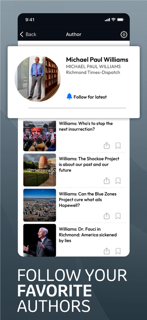 Richmond Times Dispatch app showing an author profile with the option to follow for updates