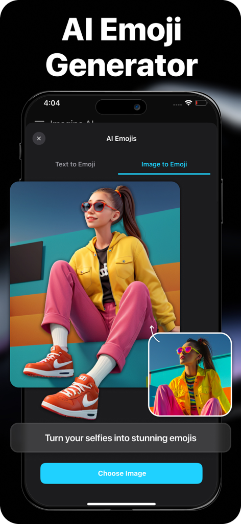 Imagine AI: AI Video Generator - 셀카가 맞춤형 AI 이모지 캐릭터로 변환되는 것을 보여주는 모바일 앱 인터페이스
