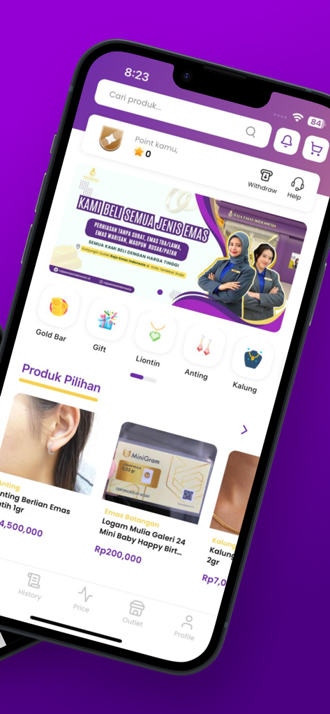 Raja Emas - Home screen of Raja Emas app showing gold jewelry categories and investment products