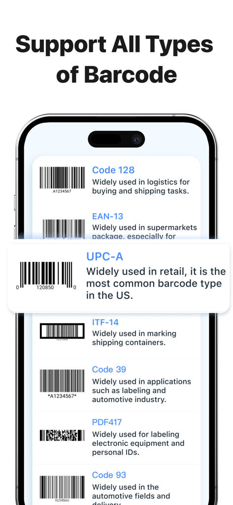 A list of supported barcode formats in the Barcode Guru app including UPC-A, Code 128, and EAN-13.