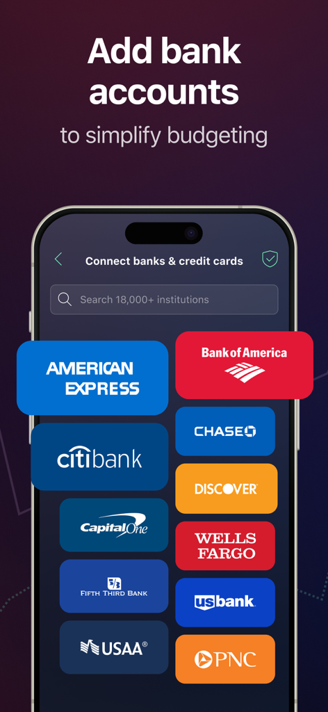 PocketGuard app interface for connecting bank and credit card accounts showing logos of major financial institutions like American Express and Bank of America
