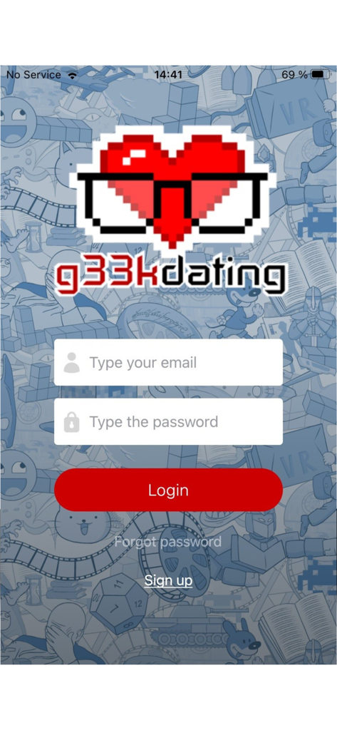 g33kdating - g33kdating app login screen with a pixelated heart logo wearing glasses and a geek themed background pattern