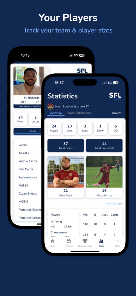 SFL Soccer - SFL Soccer App-Oberfläche, die detaillierte Spieler- und Teamleistungsstatistiken für Amateurvereine anzeigt