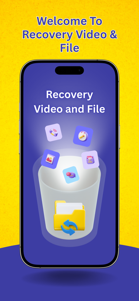 Welcome screen of the Recovery Video and File app on an iPhone featuring a trash bin and file recovery icons