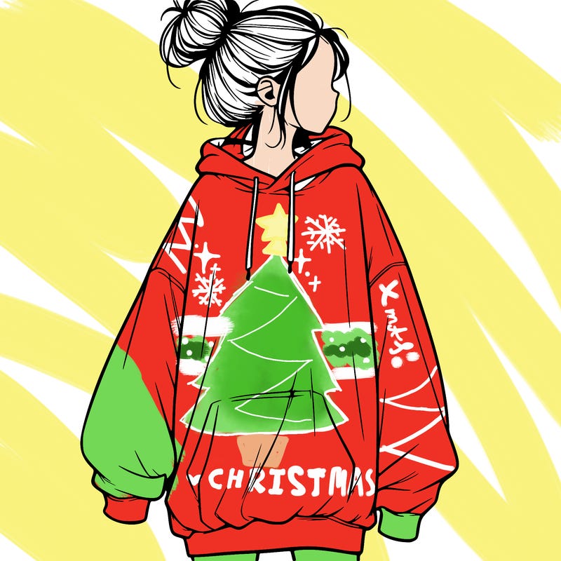 realistic girl with a oversized sweatshirt on and a bun