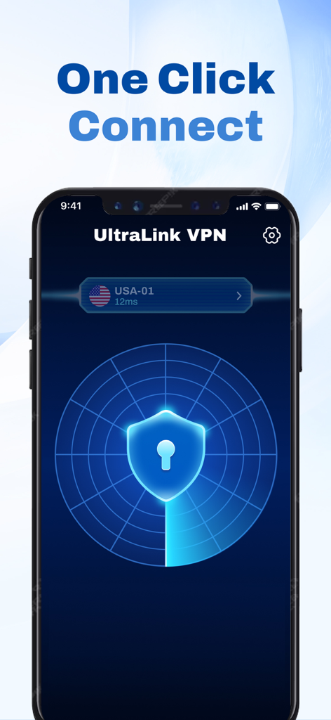 VPN  - UltraLink ℠ - iPhone에서 쉴드 아이콘과 함께 원클릭 연결 기능을 보여주는 UltraLink VPN 앱 인터페이스