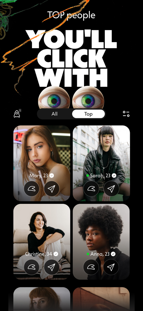 Wink Dating app interface showing a grid of top verified user profiles to connect with