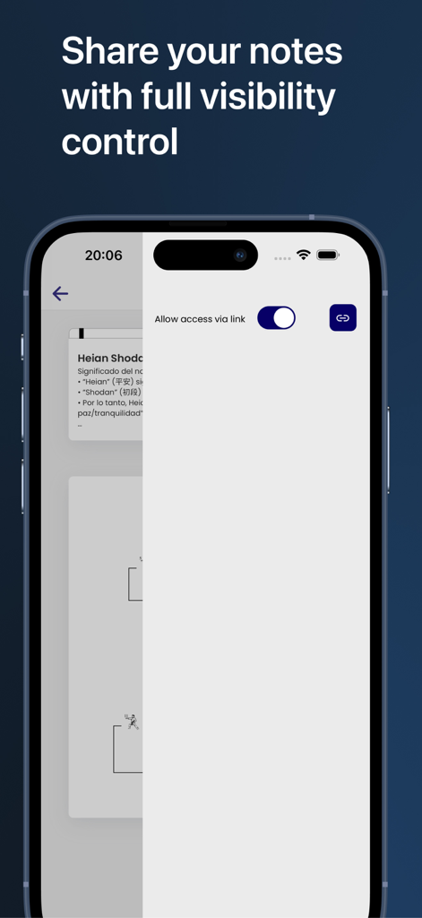 Karate Notes: Katas & Routines - Interface of the Karate Notes app showing settings for sharing notes via link with visibility control.