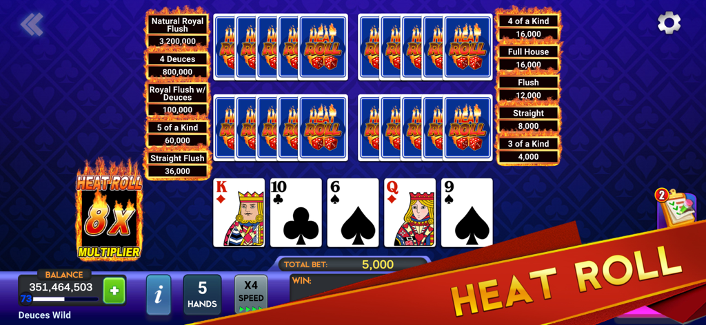 Video Poker Multi game screen featuring Heat Roll mode with 8X multiplier and five hand draw poker