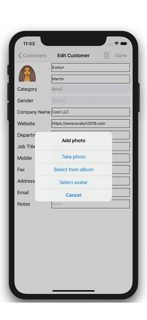 Customer Management - Contacts - Interface de l'application mobile pour modifier les informations de contact client et ajouter une photo de profil
