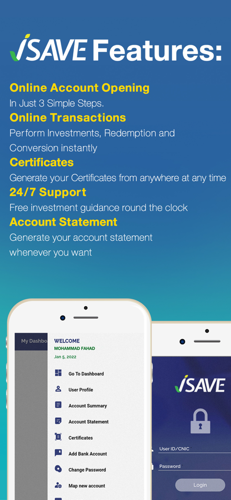 Screenshot of iSave app features including online account opening, transactions, and user dashboard on a smartphone.