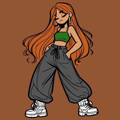 girl in baggy pants crop top and long hair
