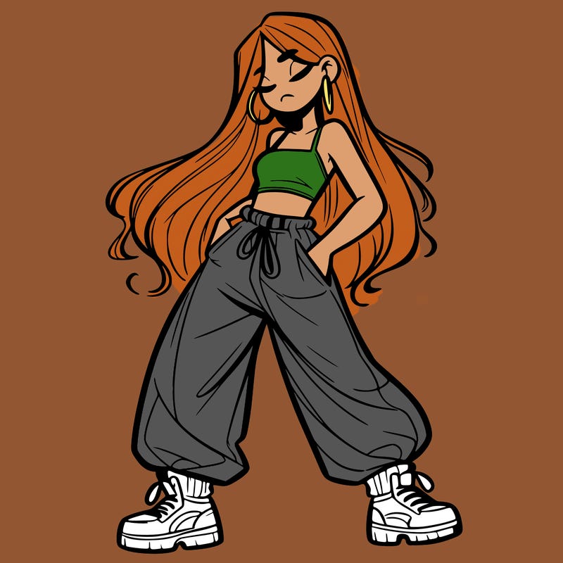 girl in baggy pants crop top and long hair