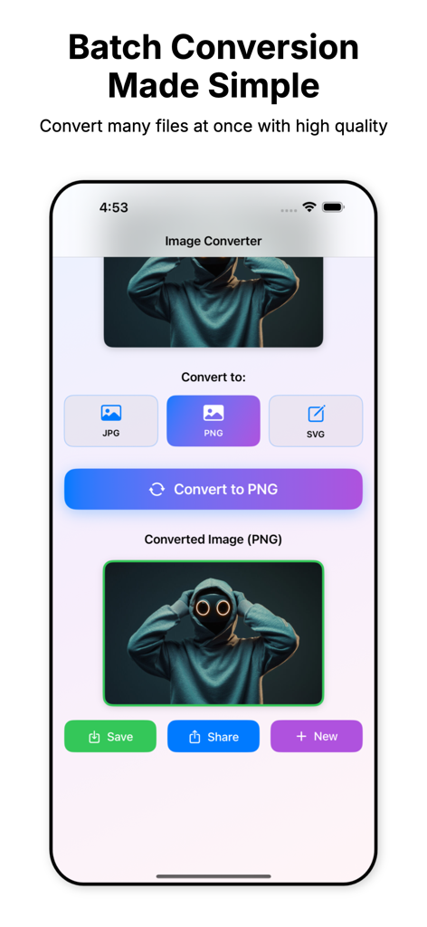Mobile interface of the Image Converter app showing batch conversion options for JPG PNG and SVG formats