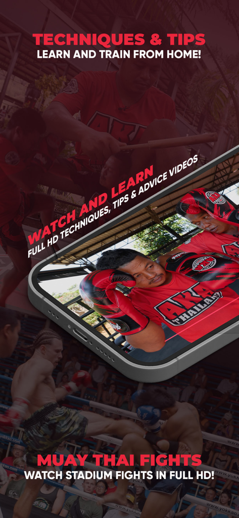 AKA Thailand TV - AKA Thailand TV app interface displaying Muay Thai training techniques and stadium fights