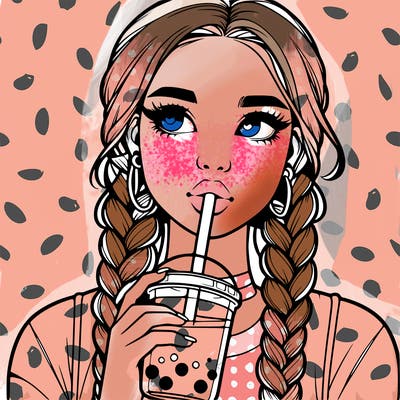 realistic girl with braided hair drinking boba