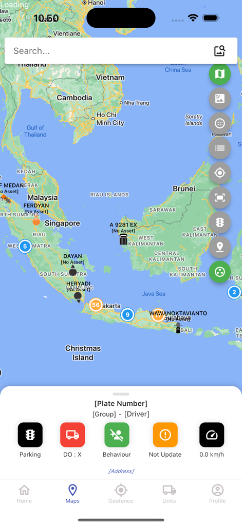 TMS Easygo - TMS Easygo mobile app interface showing real-time GPS fleet tracking on a map with vehicle status and driver details.