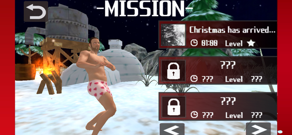Christmas Simulator - Christmas Simulator mission selection menu with character in snowy background