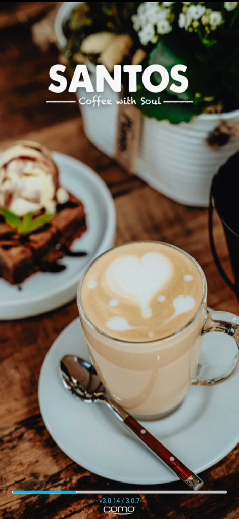 SANTOS Rewards - SANTOS Rewards app splash screen featuring a latte with heart latte art and the tagline Coffee with Soul