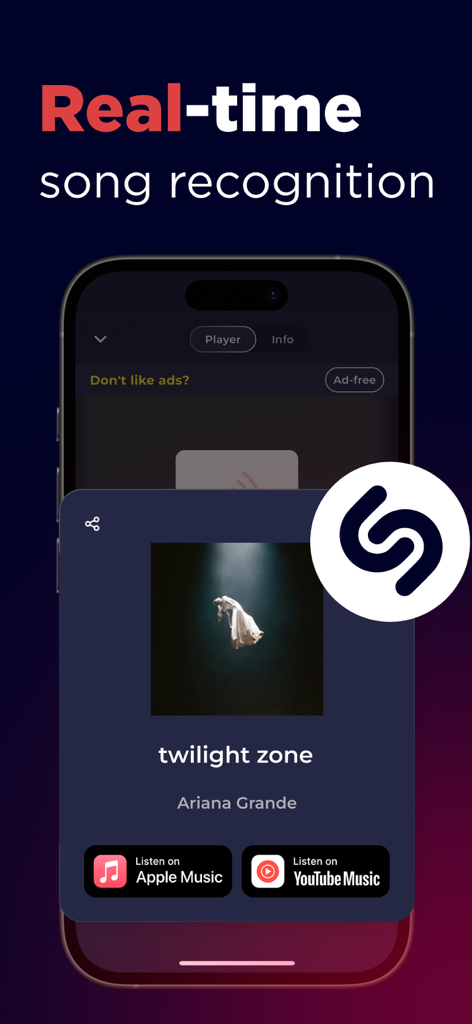 Real-time song recognition feature with Shazam integration in the Radio Singapore FM app.