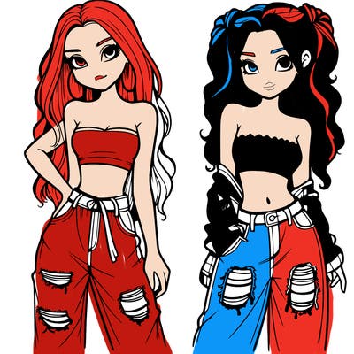 2 girls in crop tops and baggy jeans ripped