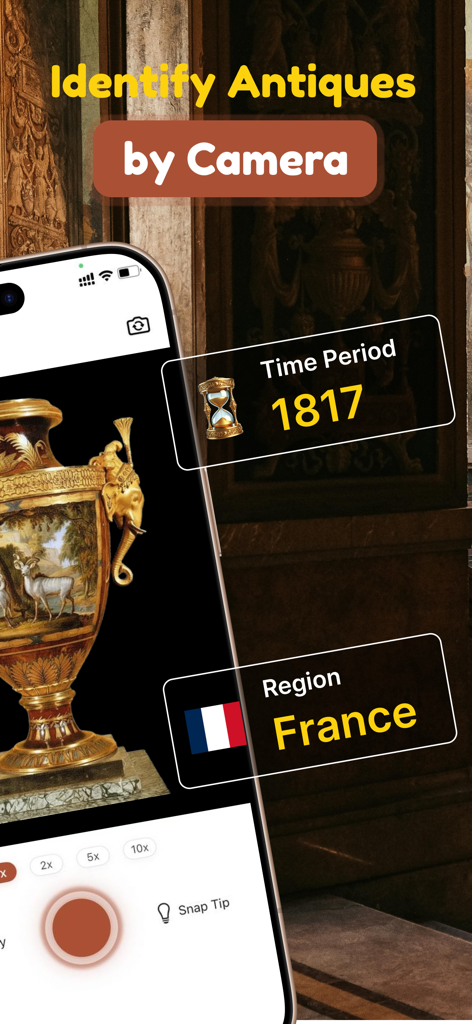 App-Oberfläche, die eine goldene antike Vase aus dem Jahr 1817 aus Frankreich mithilfe von KI-Kameraerkennung identifiziert