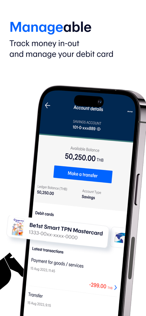 Oberfläche der Bangkok Bank Mobile Banking App mit Guthaben des Sparkontos und Verwaltung der Debitkarte.