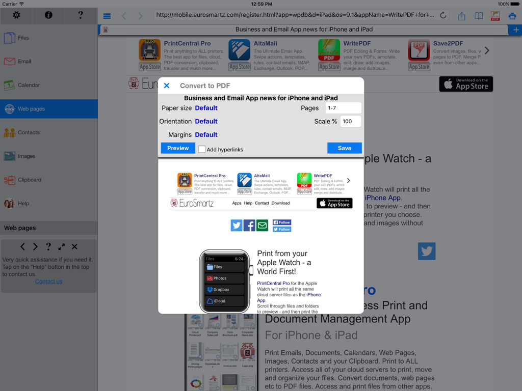 WritePDF iPadアプリのインターフェース。ドキュメント設定を含むWebページをPDFに変換するダイアログボックスが表示されています。