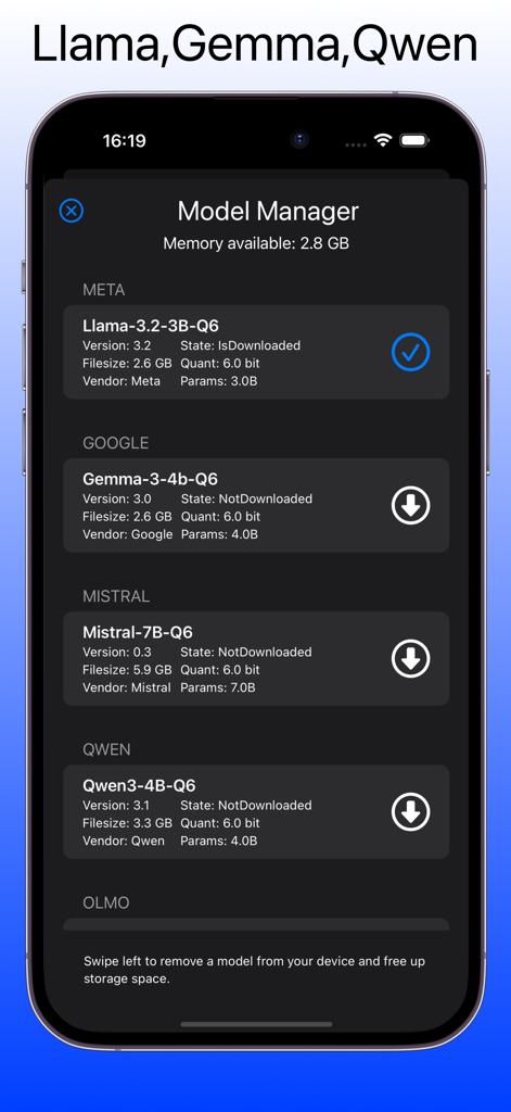 Offline, Secure LLM Chatbot AI - Tela do Gerenciador de Modelos no aplicativo Chatbot de IA LLM Seguro e Offline mostrando uma lista de modelos de IA como Llama, Gemma e Mistral disponíveis para download local