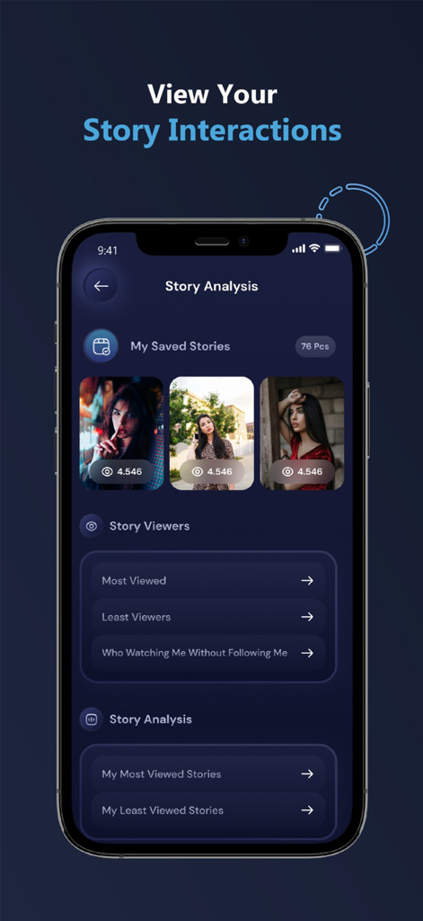 ProReports+ Unfollowers IG - Interface of the ProReports app showing story analysis and viewer insights for Instagram stories.