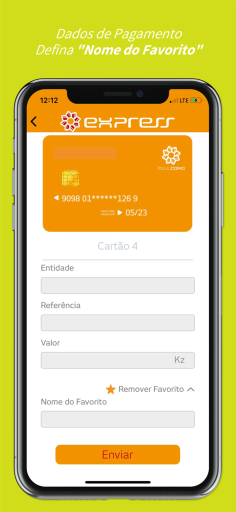 Tela de pagamento do aplicativo móvel MULTICAIXA Express mostrando campos para referência da entidade e valor