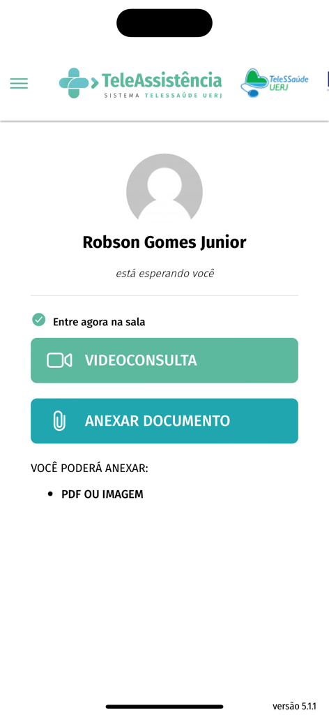 Teleassistencia UERJ - Interface of the Teleassistencia UERJ app showing a video consultation button and an option to attach documents for a medical appointment.