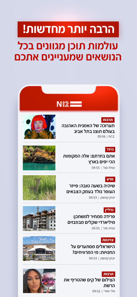 N12 news app displaying diverse Israeli news articles in Hebrew
