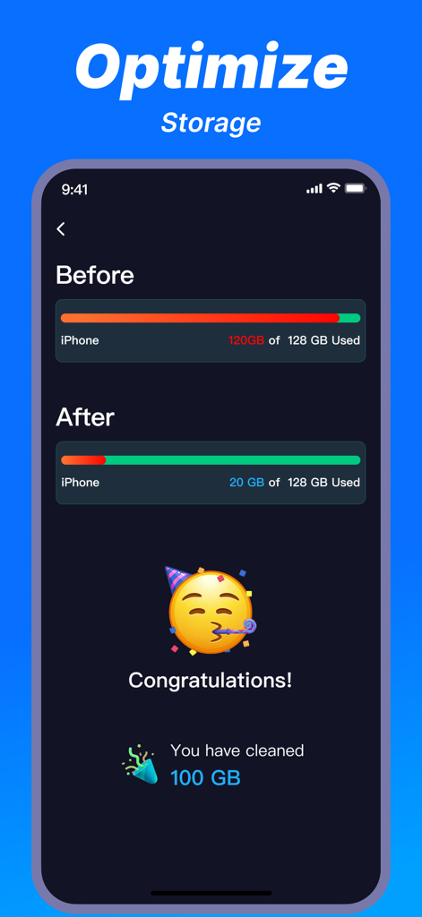 Cleaner Master Pro-Cleanup App - Comparación antes y después que muestra cien gigabytes de espacio de almacenamiento limpiados en un iPhone usando Cleaner Master Pro.
