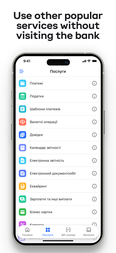 Interface do aplicativo Privat24 for business mostrando uma lista de serviços bancários, incluindo pagamentos, impostos e operações de câmbio