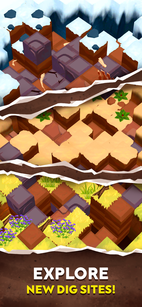 Three different dinosaur fossil excavation environments with the text Explore New Dig Sites